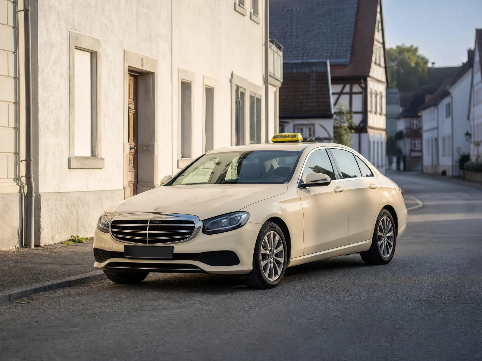 Taxischild auf dem Dach eines Wagens im Straßenverkehr