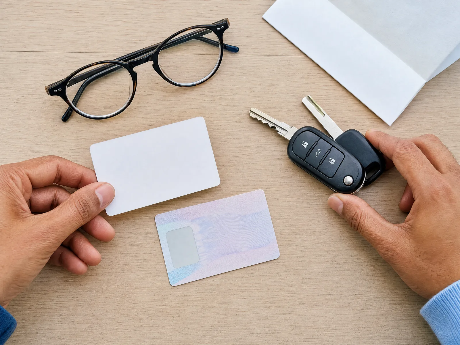 Ausweis, Führerschein und Brille nebeneinander auf einem Tisch